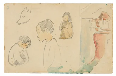 Sketches of Crouching and Standing Figures, a Pig, and a Hut at Water’s Edge