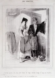 2 poor women in conversation on the stairs about men, “Les Lorettes”, Gavarni, c. 1840