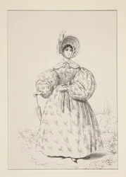 On the Promenade. May 1835. Dress of English muslin, ...
