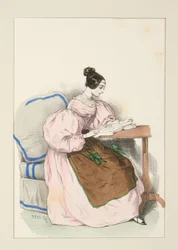 AT HOME (September 1835) Dress in Scottish batiste, ...