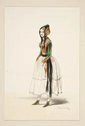 POLONAISE. Velvet bonnet, jacket and ankle boots, gold trimmings. ...
