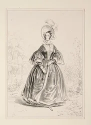 Pelisse in grosgrain fabric, lined with satin and trimmed with crêpe. Plush hat.