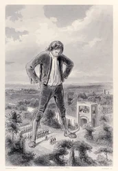 The Lilliputian Army March Between the Legs of Gulliver, from French Edition of Gulliver