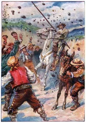They pelted Don Quixote with a shower of stones, illustration from 