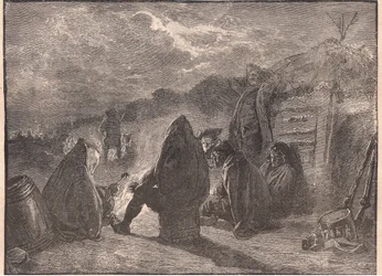 Washington at the Valley Forge by the camp fire