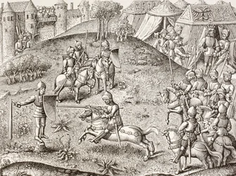 Tilting at a Quintain (after a miniature in the 15th century Chroniques de Charlemagne)