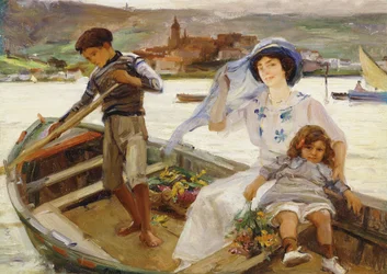 A Mother and Child Being Ferried Across a River with a Town Beyond