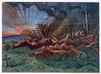 Sunrise, Ruins of a Hospice, north west of Wytschaete, from British Artists at the Front, Continuation of The Western Front, Part Three, Paul Nash