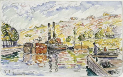 River Landscape with Tugs and Barges