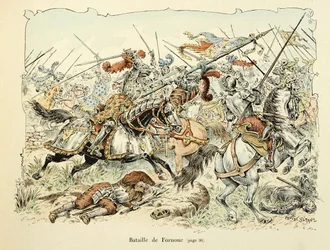 Illustration from the Book Histoire du Chevalier Bayard by Theodore Cahu, Illustrated by Paul De Semant: Battle of Fornoua 1495