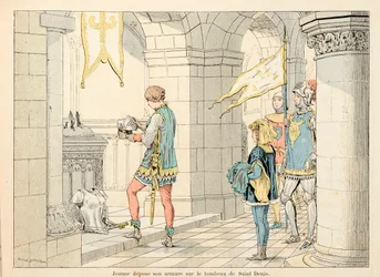 Illustration taken from the book Joan of Arc by Theodore Cahu and illustrated by Paul De Semant: Joan of Arc lays her armor on the tomb of Saint Denis