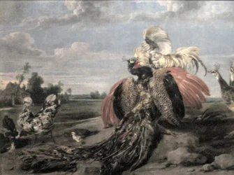 Peacock and Fighting Cocks