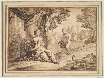 Women Seated beneath Pillar with Putto