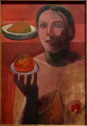 Half-Nude Italian Woman with a Plate in Her Raised Hand