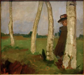Girl with Hat between Birch Trunks