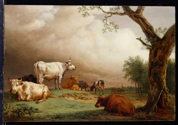 Cattle in a Field, with Travellers in a Wagon on a Track Beyond and a Church Tower in the Distance, a Rain Storm Approaching