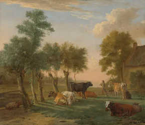 Cows in a Meadow near a Farm