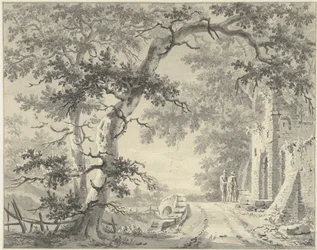 Two figures on a bridge near a ruin