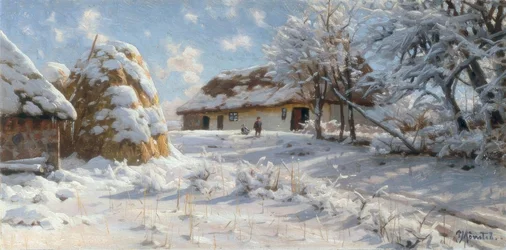 Snow-Covered Village Landscape with Sledding Children