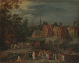Village with a Puppeteer Entertaining a Small Crowd