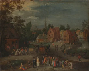 Village with a Puppeteer Entertaining a Small Crowd