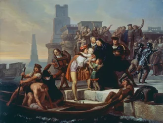 Christopher Columbus Leaving Port of Palos de la Frontera Recommending His Sons to Father Giovanni Perez (1492)