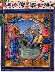 Piccolomini Library: choir book, cod. 11.M, ff. 4r with “Calling of St. Peter and St. Andrew” (detail)