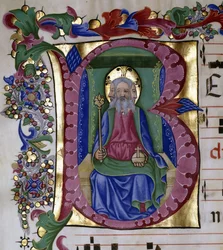 The Holy Trinity: God the Father in His Majesty Enthroned, Holding Orb and Sceptre, Represented with Three Faces, Within an Initial 