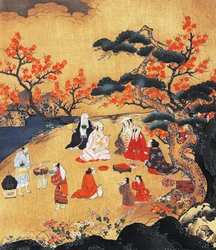 Women looking at maple trees in Takao, screen, Azuchi-Momoyama Period (1568-1600), Japan 16th century (detail)