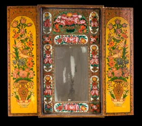 A large Qadjar polychrome lacquered Mirror, with the doors open to reveal the decorated interior