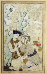 Islamic Art: Portrait of Shah Abbas I embracing one of his pages. Persian drawing of 1672. Dim: 0,16 x 0,27m. Paris, Musee Du Louvre
