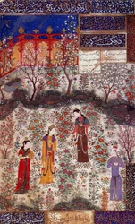 First interview of Prince Houmay and Princess Houmayoun of China. Miniature from a poem by Kuradjou Kirmani by the school of Herat (1430). Iran. Decorative Arts, Paris