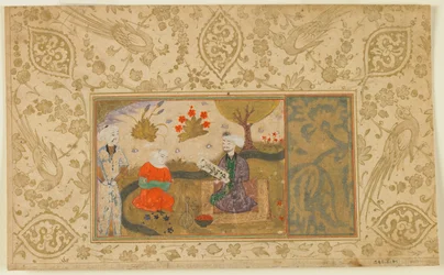 A Woman Converses with a Seated Man by a Stream