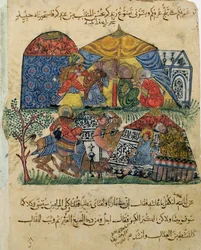 An old man and a young man in front of the tents of the rich pilgrims, from 