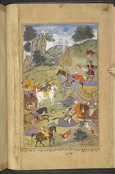 The god Agni creating the fire to help his father-in-law Raja Niladhvaja of Malwa whilst Arjuna quenches the flames with magic arrows which produced springs of water from the 