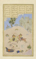 Gustaham, having slain Farshidvard, dispatches Lahhak, illustration from the Shahnama (Book of Kings), by Abul-Qasim Mansur Firdawsi, 1444