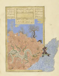 Gushtasp slays the dragon, illustration from the Shahnama (Book of Kings), by Abul-Qasim Mansur Firdawsi, 1444