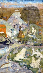 Persian miniature of the 17th century representing the Creation of the World: Man and Woman are represented near the tree of life, as well as all animals. Zoroastrianism: religion of Zarathustra (Zarathustra, Zarathushtra, Zarathustra or Zoroastra)