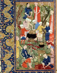 Preparing a meal, illustration from an epic poem by Hafiz Shirazi, Safavid