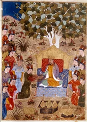 Representation of Chaghtai Khan (1227-1242) on his throne, he is the son of Genghis Khan on horseback. Persian miniature taken from Jami al-Tawarikh (Universal History) by historian Rashid al-din (1247-1318) Around 1430