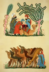 Scenes taken from a manuscript of the Maqamat of Al-Hariri, engraved by Lestel, published by Lemercier, Paris