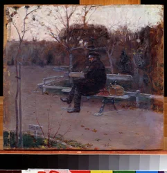 On the Boulevard. A man alone, sitting on a bench in the cold, near him, a bundle and a toolbox.