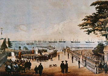 Commodore Perry lands in Japan to meet the Imperial Commissioners at Yokohama, 8th March 1854