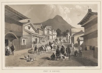 Street in Hakodadi, litho by Sarony and Co.