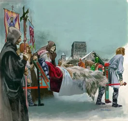 King Edward, Later Saint Edward the Confessor, Watches the Building of Westminster from a Litter Where He Lies Ill