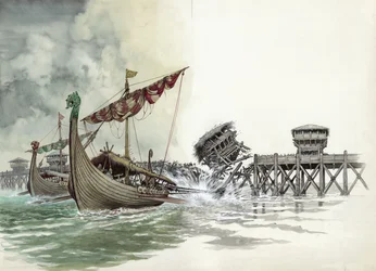 London Bridge Being Pulled Down in the Viking Attack Led by Olaf The Norseman in 1014