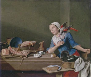 Kitchen Still Life with Female Figure and Parrot (The Feeling)