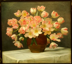 Tulips in a Vase on a Draped Table