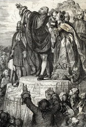 Celebration of the First National Federation on 14 July 1790 on the Altar of the Fatherland in Champs-de-Mars, on the occasion of the first anniversary of the capture of the Bastille: King Louis XVI, surrounded by his family, taking an oath on the