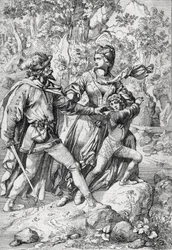 Queen of England Margaret of Anjou (1430-1482) and her son Edward rescued by a robber during their flight after the triumph of the Yorkists